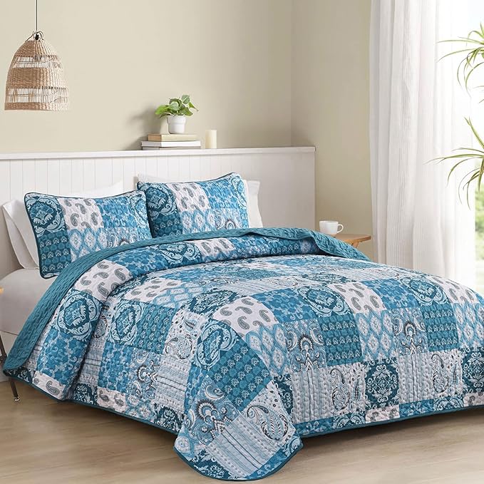WONGS BEDDING Boho Quilt Set Queen Size,Teal Blue Plaid Patchwork Bedspread Bedding Set Soft Microfiber Quilt for Queen Bed Reversible 3 Pieces Coverlet Set for All Season (96"x90")