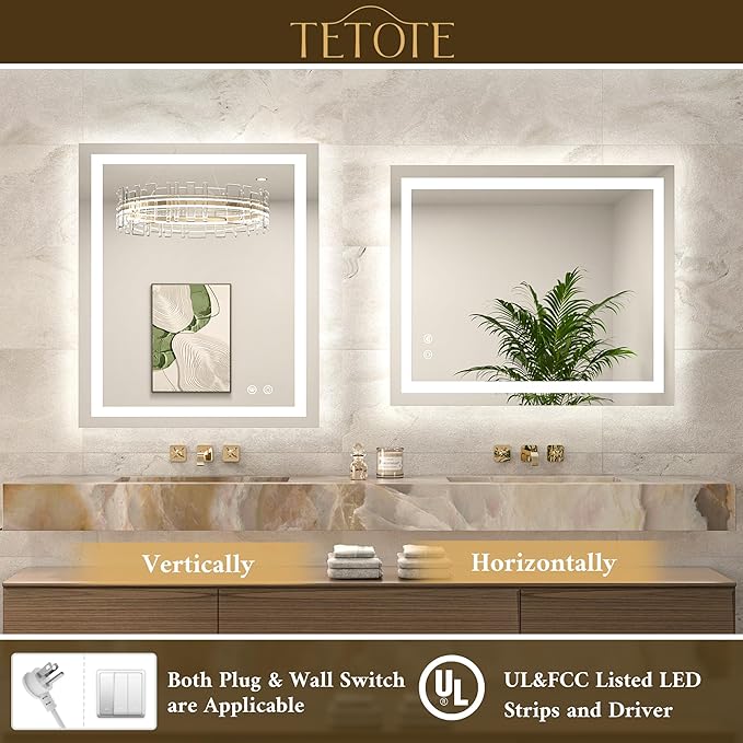 TETOTE LED Bathroom Mirror with Lights 40 x 32 Brighter Lighted Front and Backlit Led Vanity Antifog Light up Mirror for Bathroom, 3-Color Dimmable, Wall Mounted, Waterproof