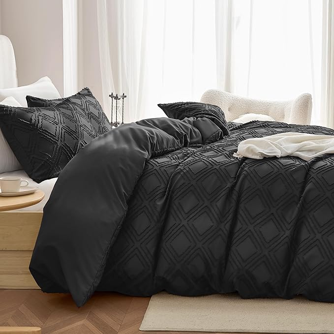 JELLYMONI Duvet Cover Queen Size Black - 3PCS Boho Duvet Cover Set Plaid Polyester Tufted Bohemian Jacquard Knit Textured Comforter Cover 90×90in Rhombic Geometric Pattern Zipper Corner Tie