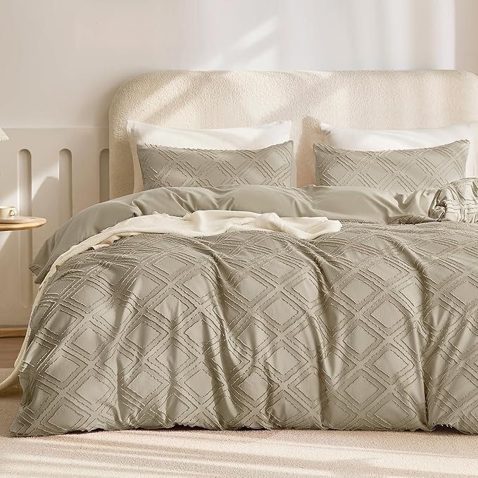 JELLYMONI Duvet Cover King Size Khaki - 3PCS Boho Duvet Cover Set Plaid Polyester Tufted Bohemian Jacquard Knit Textured Comforter Cover 104×90in Rhombic Geometric Pattern Zipper Corner Tie