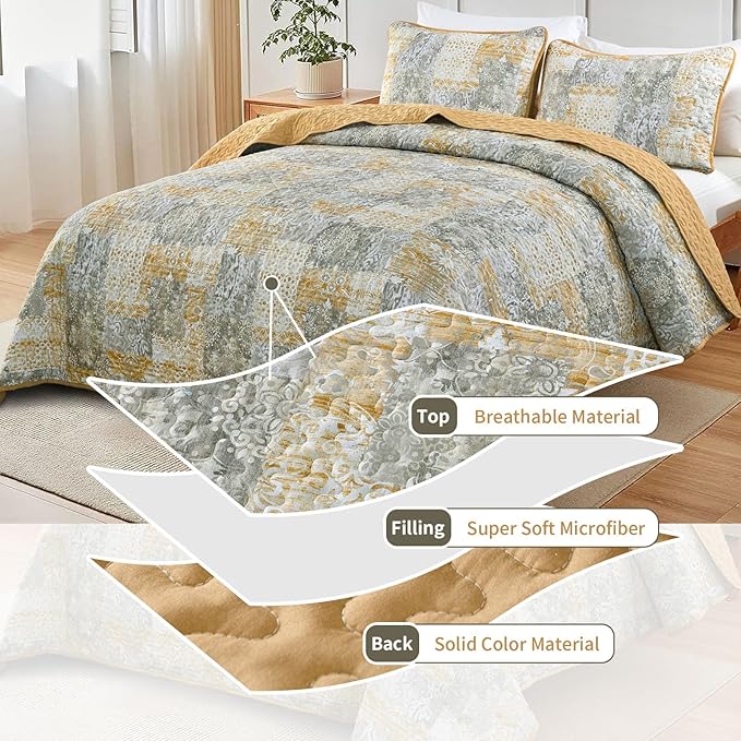 Mybedsoul Yellow Boho Quilt Set King Size 3 Pieces Grey and Yellow Plaid Floral Bedding Set Microfiber Lightweight Bohemian Patchwork Bedspread Coverlet Set for All Season 90"x104"
