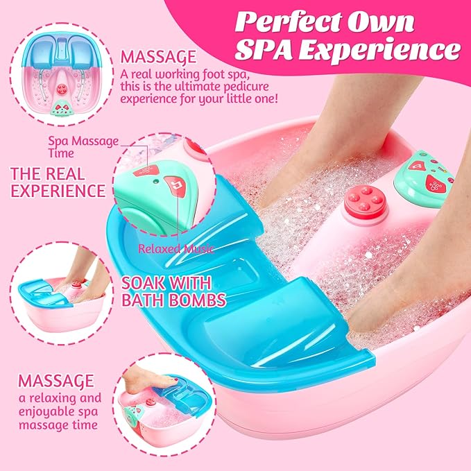 Kids Spa Day Kit with Foot Spa, Nail Dryer & Bath Bombs - Music Foot Soak Tub & Nail Polish Set for Girls Aged 6-12 - Perfect for Christmas or Birthday Gifts