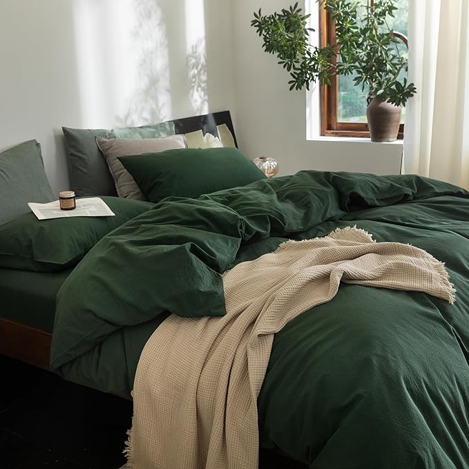 FOSSA Duvet Cover Set 100% Washed Cotton Linen Feel Super Soft Breathable Cozy 3 Pieces Bedding Sets Solid Forest Green Queen