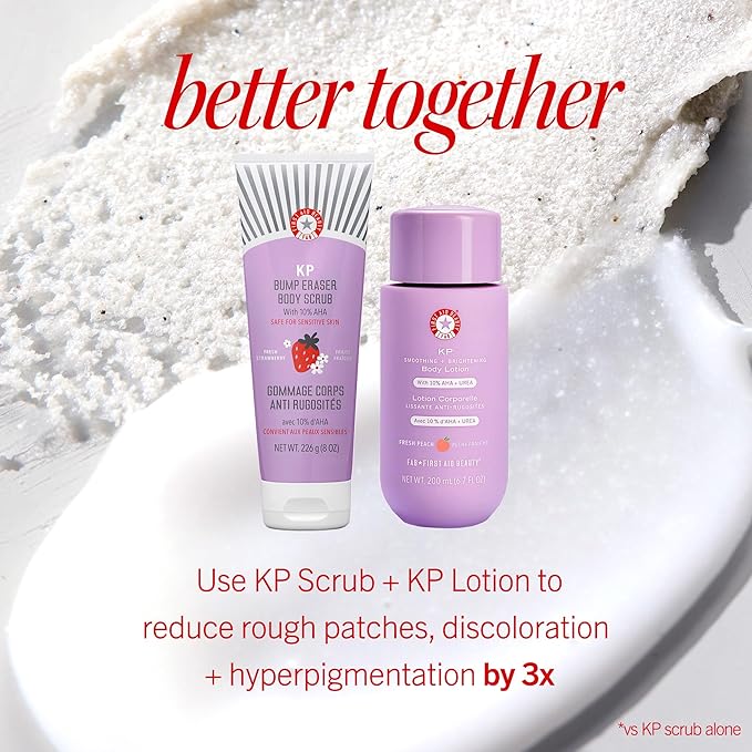First Aid Beauty - KP Bump Eraser Body Scrub with 10% AHA, Keratosis Pilaris Exfoliator with Glycolic and Lactic acids, Helps Reduce Chicken Skin Bumps, Safe for Sensitive Skin, Strawberry Scent, 2 oz