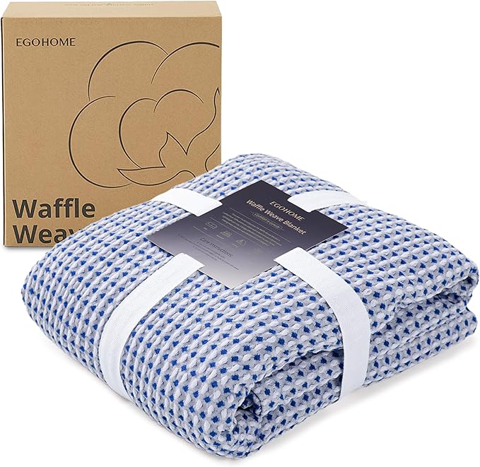 EGOHOME 100% Cotton Waffle Blanket Twin Size for Bed-Breathable and Lightweight,Soft Dual-Tone Textured Jacquard Waffle Weave Blankets for All Seasons,Navy Blue,60 x 80 Inches