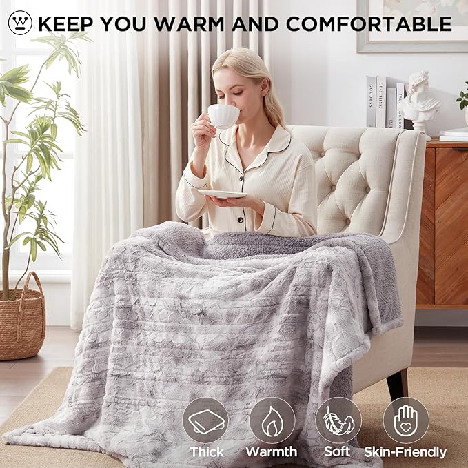 Westinghouse Electric Throw Blanket, Faux Fur Heated Blanket with 6 Heating Levels & 2-10 Hours Auto Off, Soft Cozy Sherpa Heated Blanket Washable Blanket (50" x 60" Throw Size, Light Grey)