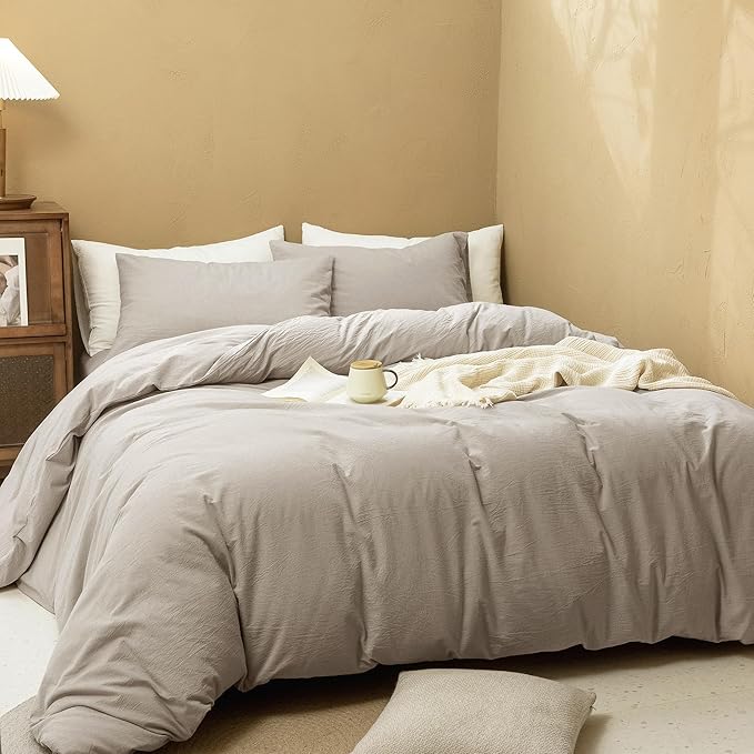 FOSSA Duvet Cover Set 100% Washed Cotton Linen Feel Super Soft Breathable Cozy 3 Pieces Bedding Sets Solid Tannish Linen Grey California King