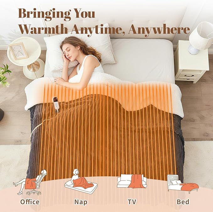 Electric Heated Throw Blanket - 50"x60" Fast Heating Bed Blankets with 6 Heating Levels & 4 Hours Auto Off, Soft Ribbed Flannel Sherpa, Over-Heated Protection ETL, Dark Gray