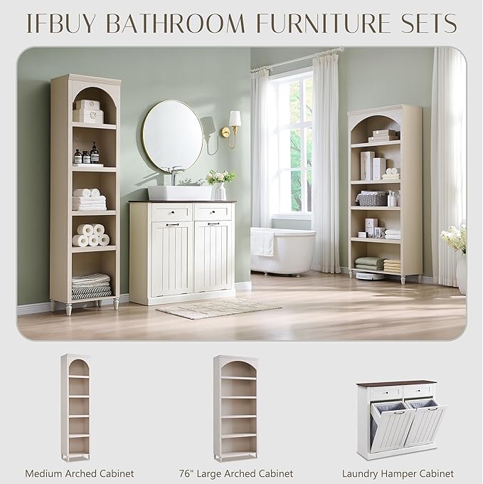 76" Tall Arched Bathroom Storage Cabinet, 5 Tiers Narrow Farmhouse Arched Cabinet w/Adjustable Shelves, Modern Wooden Storage Cabinet for Bathroom, Living Room, Entryway, Study Room (Cream)