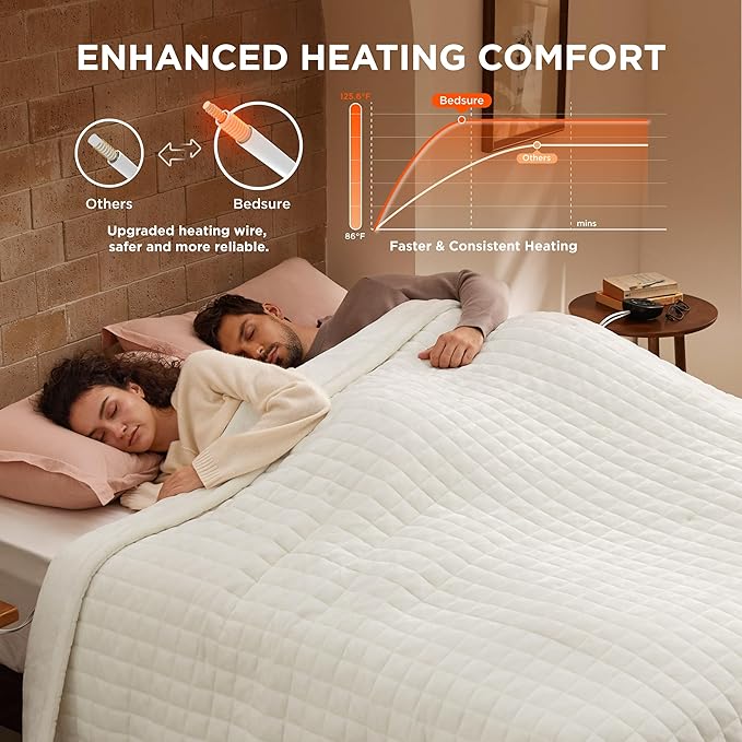 Bedsure Electric Blanket Queen Size - Quilted Winter Bedding of Thick Flannel, Dual Control Heated Blanket with 10 Heat & 10 Time Settings, Fast Heating for Cold Sleepers (84x90 inches, Ivory)