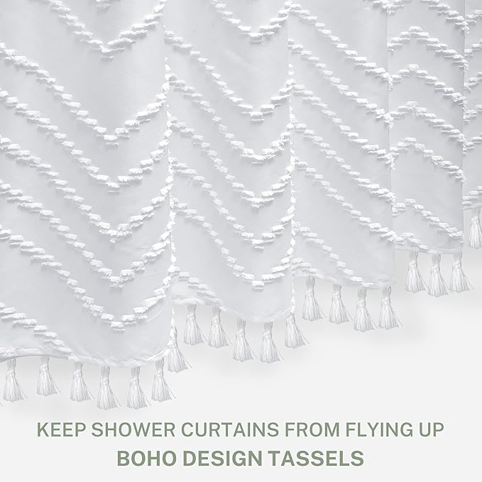 Stall Boho Shower Curtain White Tassel Woven Fabric Shower Curtain 42 x 72 Modern Farmhouse Textured Tufted Chevron Striped Minimalist for Bathroom, Closet Door