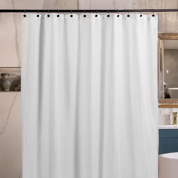 23 THREADS Fabric Shower Curtain for Bathroom, Water Resistant, Made from Sustainable Yarns, White, Waffle Weave