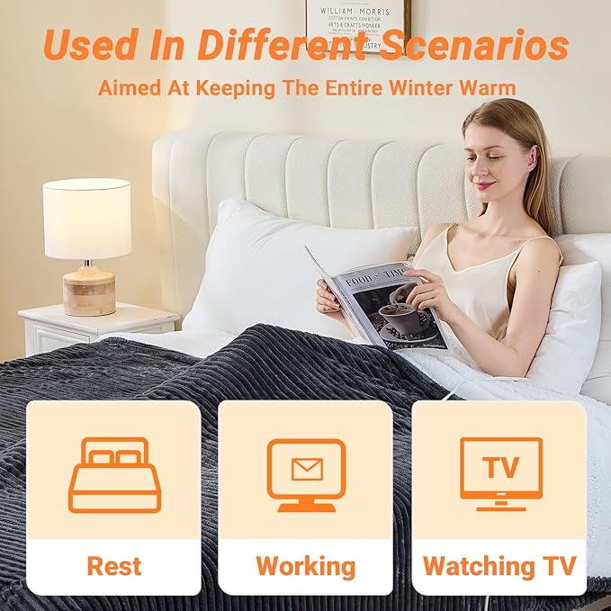 Heated Blanket Electric King, Soft Flannel Heating Blanket with 8 Hours Auto Off 10 Fast Heating Levels Machine Washable Sherpa Heated Blanket with Overheating Protection