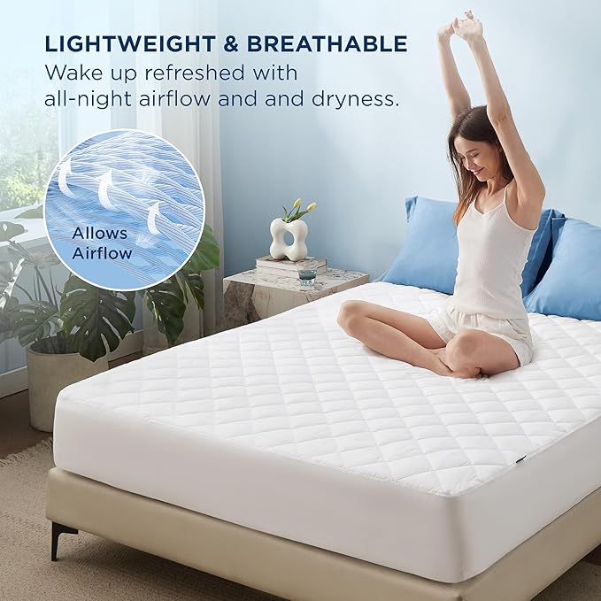 Bedsure Queen Mattress Protector, Quilted Waterproof Mattress Protector with Deep Pocket up to 22 Inches, Soft Breathable Noiseless Bed Pad Topper, Queen Bed Cover for Home, Bedroom, Hotel – White