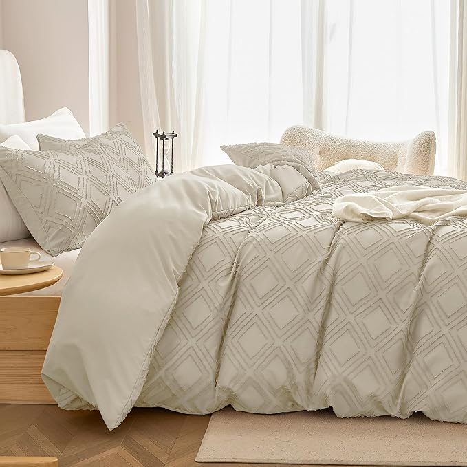 JELLYMONI Duvet Cover Twin Size Light Khaki - 3PCS Boho Duvet Cover Set Plaid Polyester Tufted Bohemian Jacquard Knit Textured Comforter Cover 68×90in Rhombic Geometric Pattern Corner Ties & Zipper