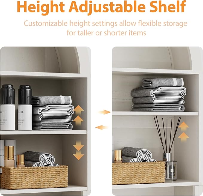 Over The Toilet Storage Cabinet, 23.7”W Modern Storage Cabinet Over Toilet with Acrylic Doors, Arched Freestanding Over Toilet Rack with Adjustable Shelf for Bathroom, Antique White