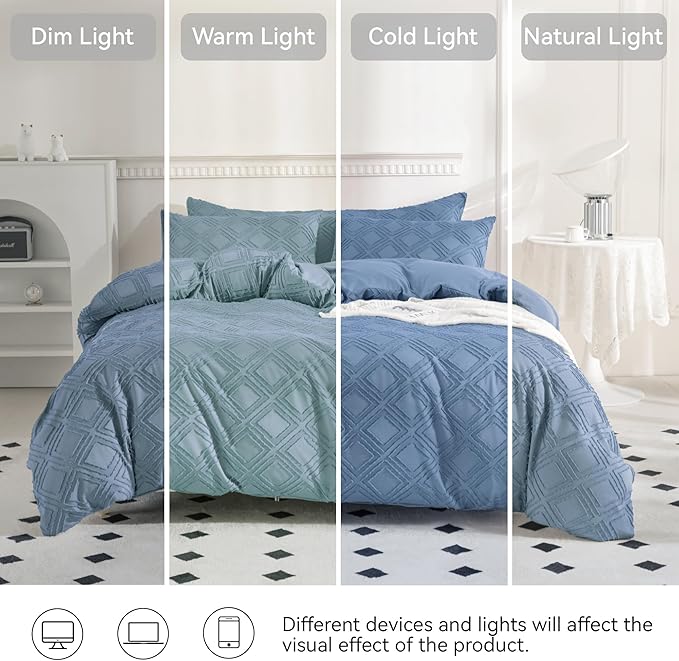JELLYMONI Duvet Cover King Size Blue - 3PCS Boho Duvet Cover Set Plaid Polyester Tufted Bohemian Jacquard Knit Textured Comforter Cover 104×90in Rhombic Geometric Pattern Zipper Corner Tie