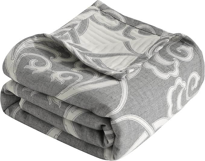 NTBAY 3 Layers Cotton Muslin 68x92 Twin Bed Blanket, Super Soft Breathable Thermal Yarn Dyed Quilt for Adults, Perfect Lightweight Blanket for Couch Sofa Bed All Seasons, Grey Paisley