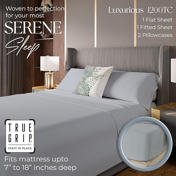 1200 Thread Count Queen Size Sheets Set Light Gray, Ultra Soft Cotton Rich Easy Care Sateen Bed Sheet, Moisture Wicking Deep Pocket Sheets (1 Flat Sheet, 1 Fitted Sheet & 2 Pillowcases)
