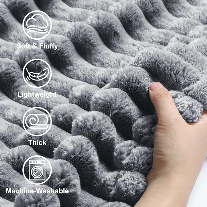 decorUhome Christmas Soft Fleece Grey Twin Blanket for Bed, Cozy Fluffy Plush Flannel Striped Throws for Couch Sofa, Lightweight Decorative Ribbed Fuzzy Blanket for Woman, 60x80 Inches