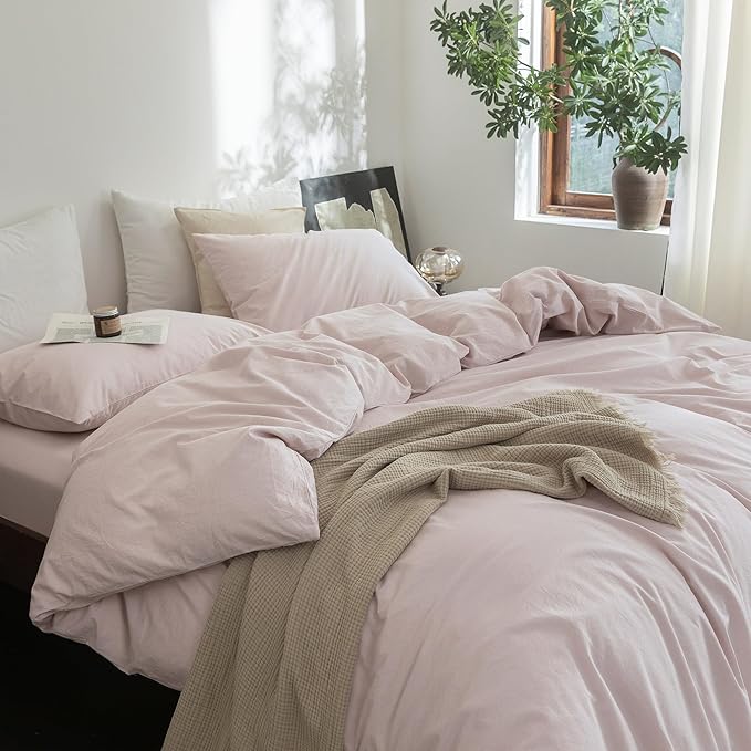 FOSSA Duvet Cover Set 100% Washed Cotton Linen Feel Super Soft Breathable Cozy 3 Pieces Bedding Sets Solid Greyish Pink Full/Double