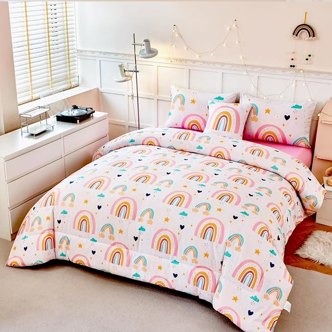 ANGIYUIN 6 Pieces Multi-Color Rainbow Queen Bedding Comforter Set for Girls Kids Cute Cloud and Love Hearts Girls Bedding Set Soft Microfiber Kid Bed in a Bag with Comforter, Sheets, Pillowcases