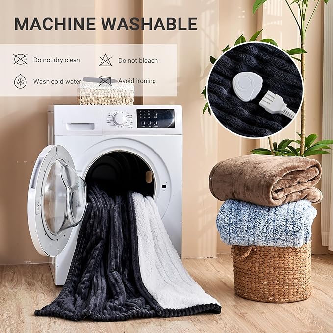Heated Blanket Electric Throw, Soft Flannel Heating Blanket with 8 Hours Auto Off 10 Fast Heating Levels Machine Washable Sherpa Heated Blanket with Overheating Protection