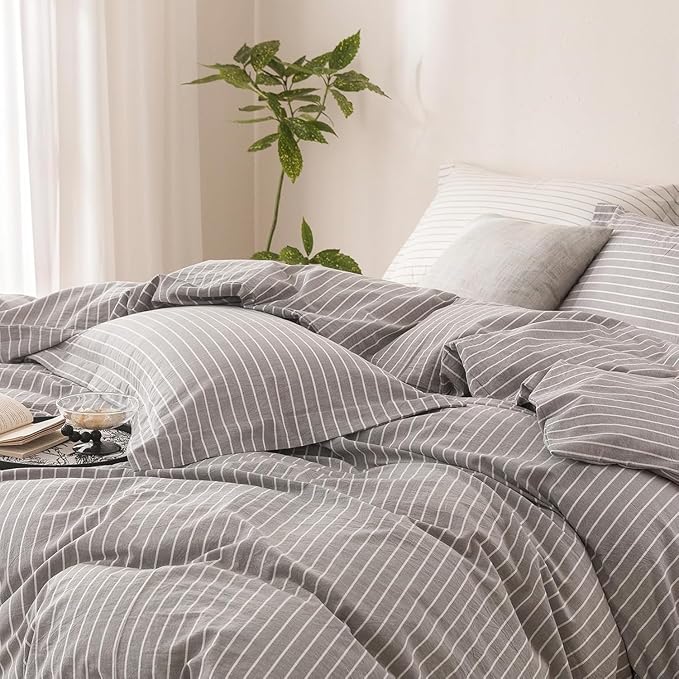 Stripe Duvet Cover Twin Size 90inch x 68inch, 100% Washed Cotton Linen Feel Duvet Cover with Zipper Closure and 1 Pillowcases, Color of Grey-White Stripe