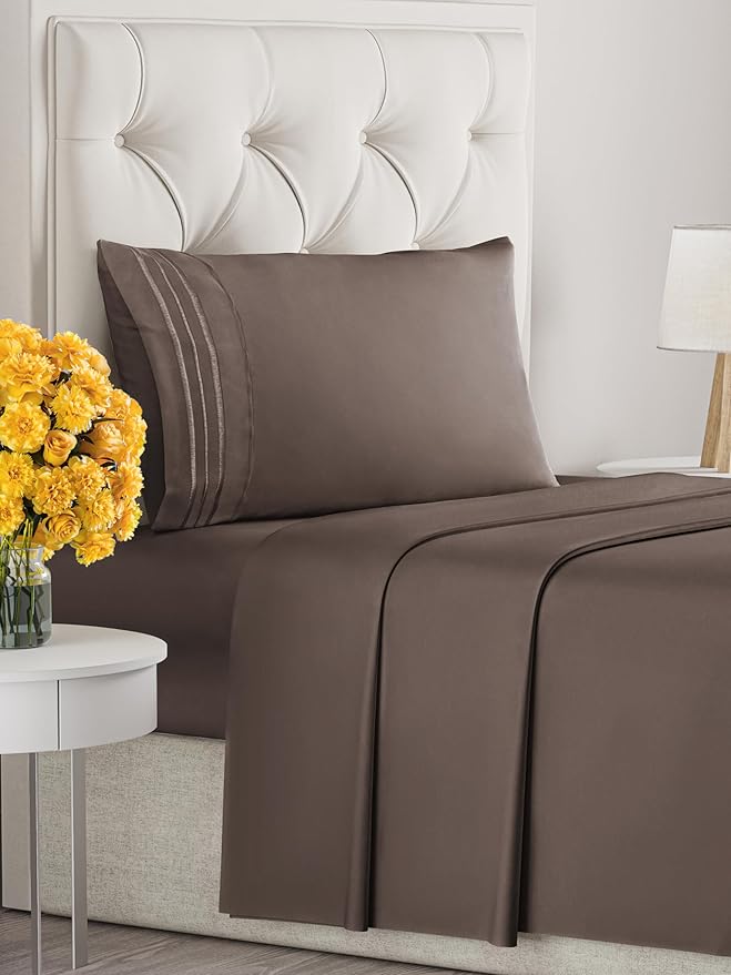 Twin Size 3 Piece Sheet Set - Extra Soft, Breathable & Cooling Sheets - Hotel Luxury Durable Bed Sheets for Women & Men - Deep Pockets, Easy-Fit & Wrinkle-Free Sheets - Taupe Brown Oeko-Tex Bed Sheets