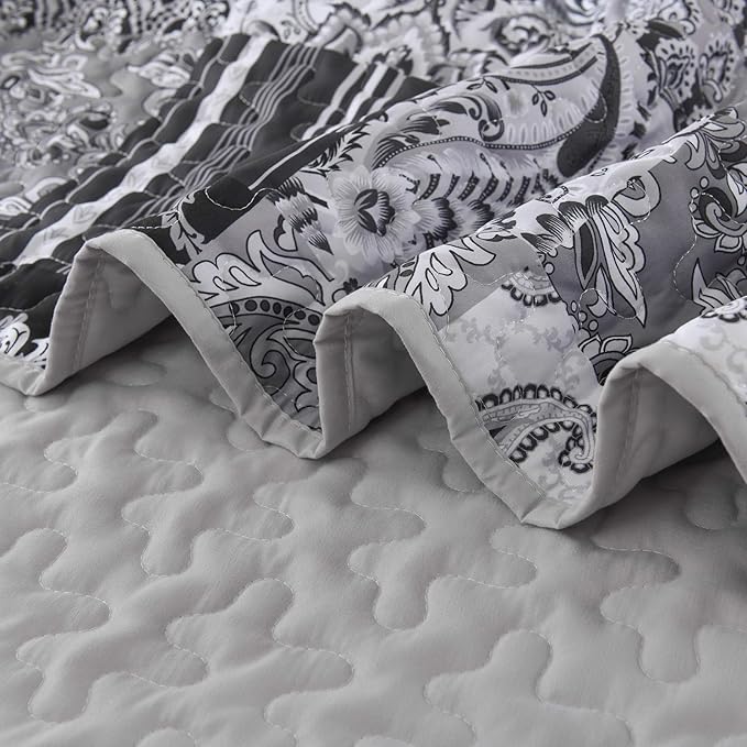 WONGS BEDDING Grey Quilt Set King Size, Patchwork Plaid Bedspread Bedding Sets Soft Microfiber Boho Quilts for King Bed 3 Pieces Coverlet Set for All Season (104"x90")
