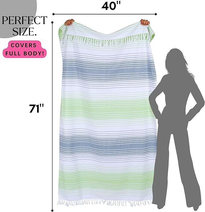 Native Fab Oversized Beach Towel, 4 Pack, 40x71 inches 100% Cotton Turkish Peshtemal for Adults,Soft & Absorbent, Extra Large Beach Towel for Hammam Spa Beach Blanket Bath, Cabana Strips, Green White