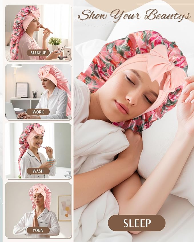 AWAYTR Long Satin Bonnet for Sleeping, Reversible Double Layer Hair Bonnet with Elastic Tie Band (Floral Print+Peach Pink)
