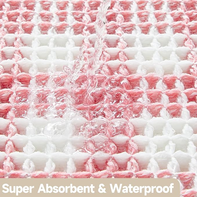 Waffle Runner Rug Bathroom, Long Boho Bathroom Rugs Non Slip Washable Absorbent Checkered Bathroom Mat Quick Dry Cute Bath Mat, 72"x24" Pink and White