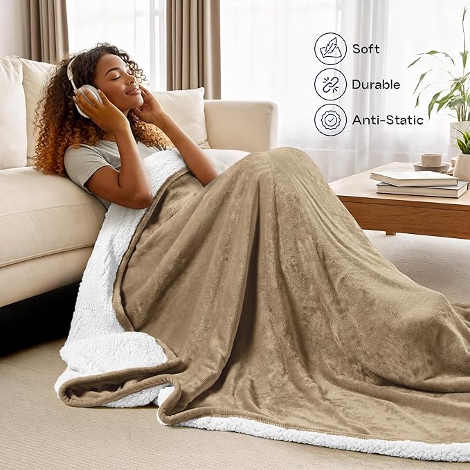 Utopia Bedding Sherpa Blanket Queen Size (Camel, 90x90 Inches) - Soft Lightweight Plush Fleece Reversible Blanket for Bed, Sofa, Couch, Camping and Travel