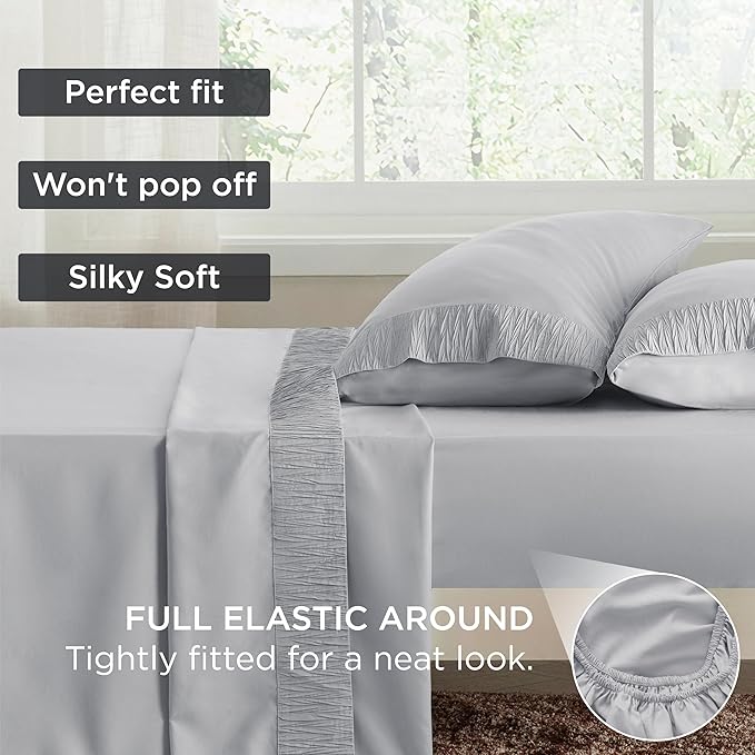 Bedsure California King Sheet Sets - 4 Pieces Soft Cal King Sheets - Breathable & Cooling - Hotel Luxury - Easy Care Polyester Microfiber Bedding for Women, Men, Light Grey