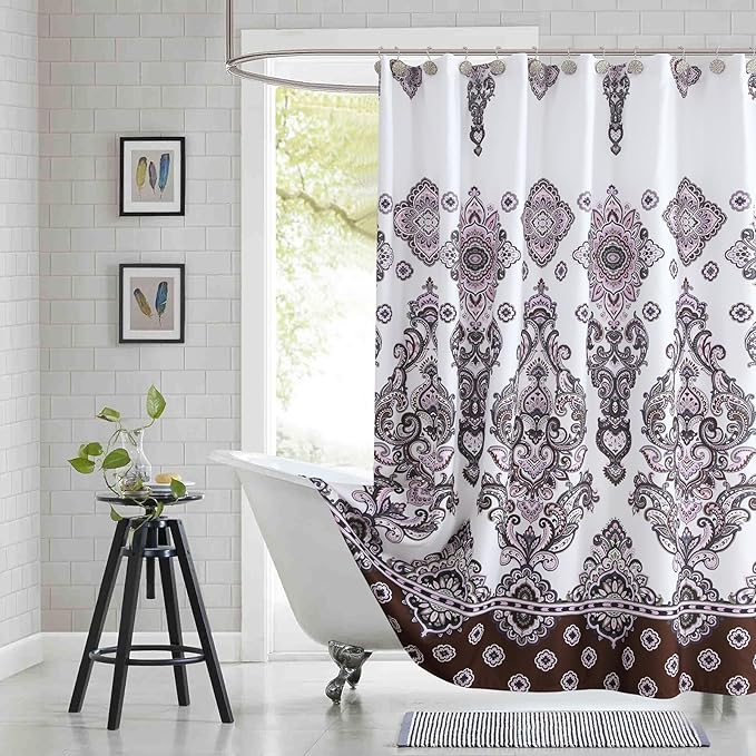 Long Shower Curtain, Luxury White Bath Curtain with Baroque Brown & Pink Paisley Medallion Print, Waterproof Plush Polyester Fabric, 72" W x 78" H
