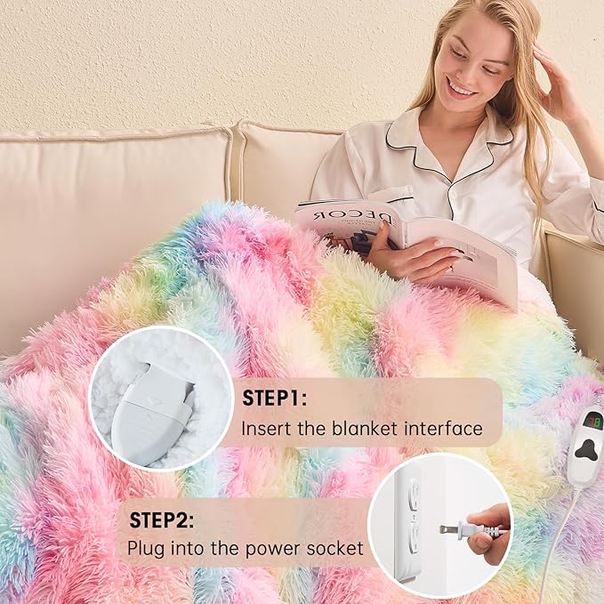 Heated Electric Blanket Twin,Warm Winter Birthday Gifts for Women Her Grandma–Faux Fur with Soft Sherpa,10 Heat Settings,5 Time Settings with Fast Heating, 62x84, Rainbow