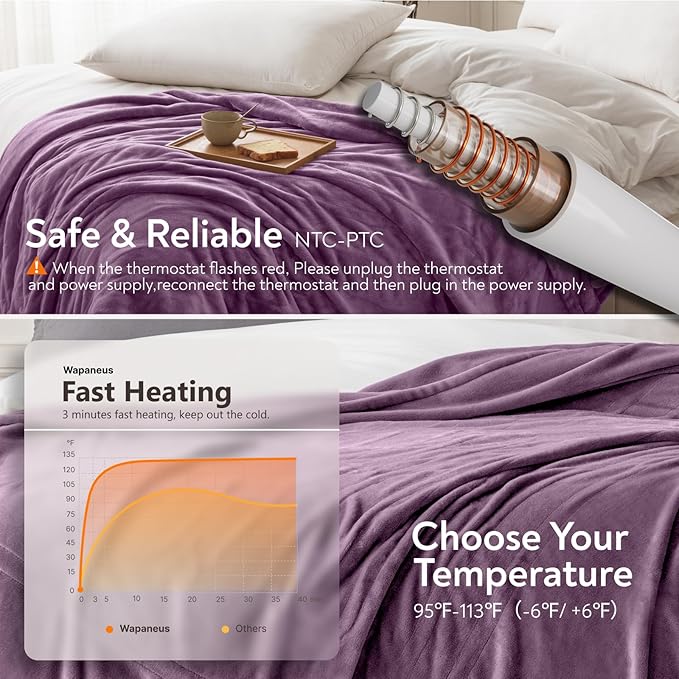 Wapaneus Foot Pocket Heated Blanket Electric Throw with 10 Heating Levels and 4 Timer Settings 4 Hours Auto Shut Off, Flannel Fast-Heating Heated Throw 50" x 60", Machine Washable, Purple