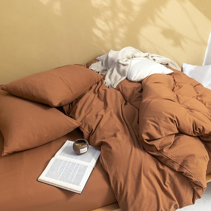 FOSSA Linen Duvet Cover Set 100% Washed Cotton Linen Feel Super Soft Breathable Cozy Simple Style 3 Pieces Bedding Sets Solid Dark Orange Super King Plus