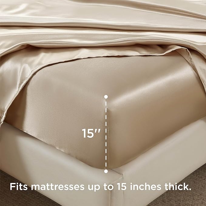 Bedsure Satin Sheets King Size - 4 Piece Silky Bedsheets with 15 Inches Deep Pocket Fitted Bedsheet,1 Flat Sheet, 2 Satin Pillowcases, Good for Hair & Skin (King, Khaki)