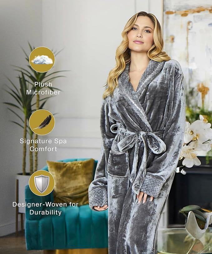 Lotus Linen Plush Robes for Women - Soft Bathrobe, Custom Monogram, Warm Fleece Robe with Pockets