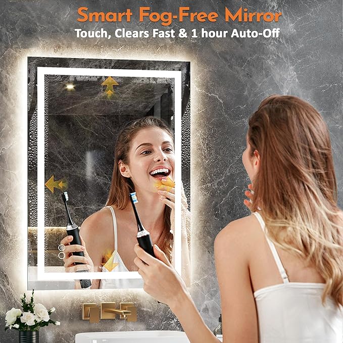 LED Bathroom Mirror with Backlit & Front Light, 40"x32" Anti-Fog, Memory Function, Dimmable Color & Brightness,CRI90+, IP54 Waterproof, Horizontal/Vertical, Wall Mounted