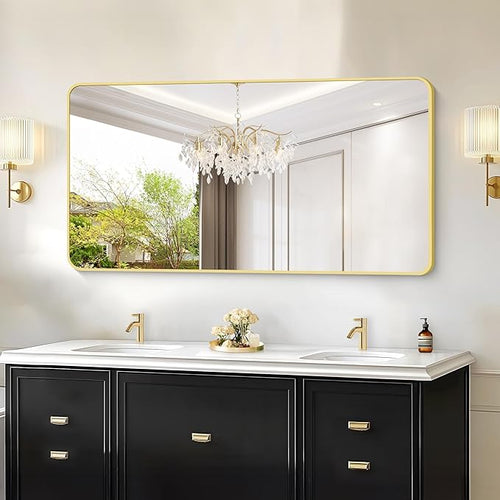 55"x30" Gold Bathroom Mirror, Large Rectangle Mirror, Rectangular Wall Mirror, Rounded Corner Vanity Mirror with Aluminum Metal Frame for Bathroom Bedroom Living Room Horizontal/Vertical