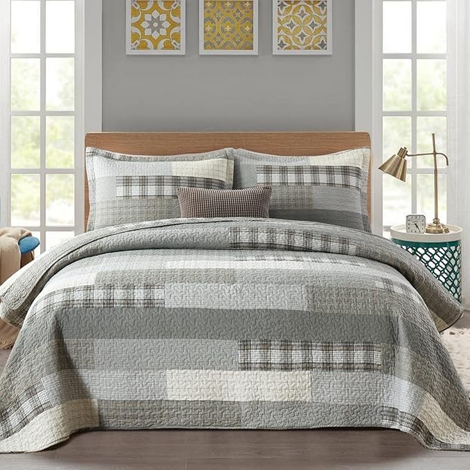 Y-PLWOMEN Quilts Queen Size - 100% Cotton Grey Queen Quilt Farmhouse Plaid Quilted Bedspread, 3 Pieces Lightweight Reversible Queen Size Quilt Bedding Set for All Season