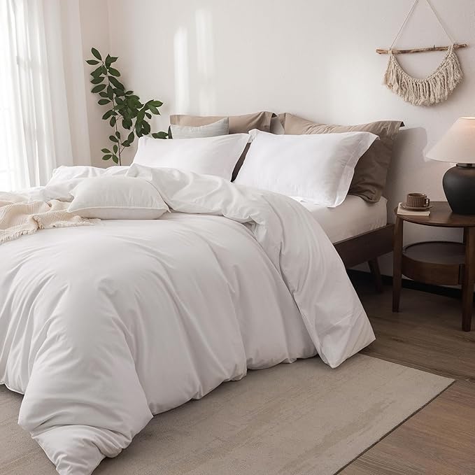 Linen Feel Duvet Cover King Size 104inch x 90inch,100% Washed Cotton Duvet Cover with Zipper Closure and 2 Pillowcases, Color of Bright White