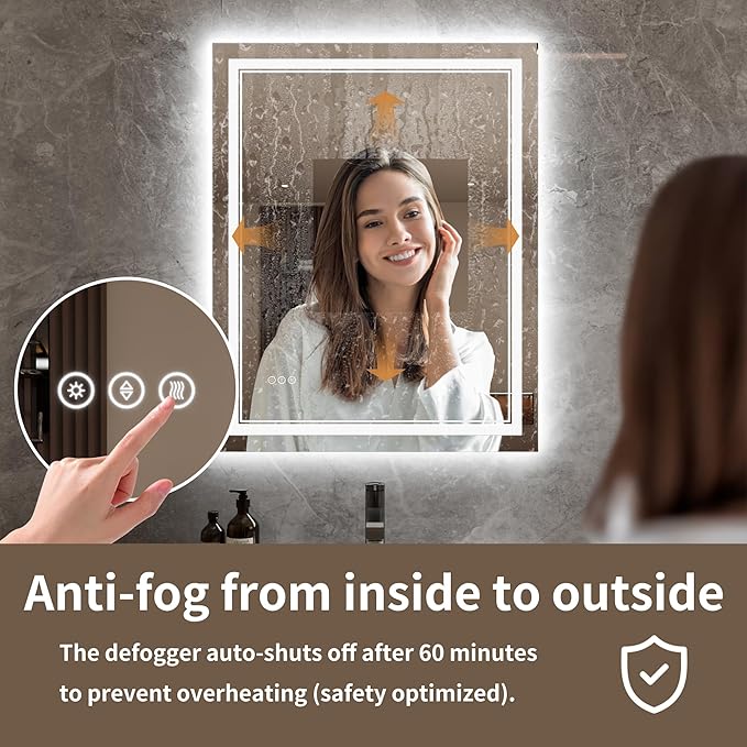 Bathroom Mirror with Lights 32"X40" with Front Light and Backlit, Tempered Glass, Wall Mount Horizontal/Vertical, Stepless Dimmable, 3 Colors, Anti Fog, Bathroom Memory LED Mirror