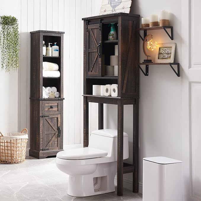 RedLemon Farmhouse Over The Toilet Storage Cabinet, 68" Tall with Sliding Barn Doors & Adjustable Shelves, Rustic Above Toilet Storage Cabinet, Dark Rustic Oak