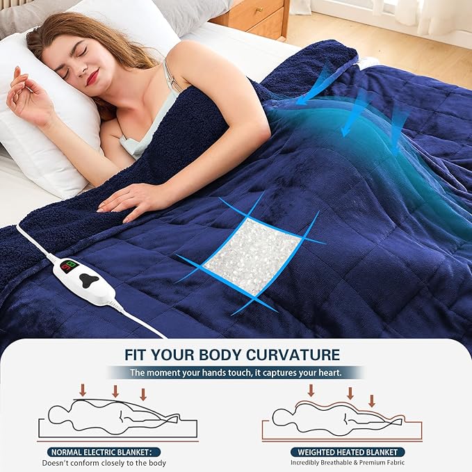 CYMULA Heated Weighted Blanket for Adults, Weighted Heated Blanket 48" x 72", 15lbs Sherpa Fleece Weighted Electric Blanket Soft Heating Blanket with 10 Heating Levels & 1-8 Hours Auto Off, Navy