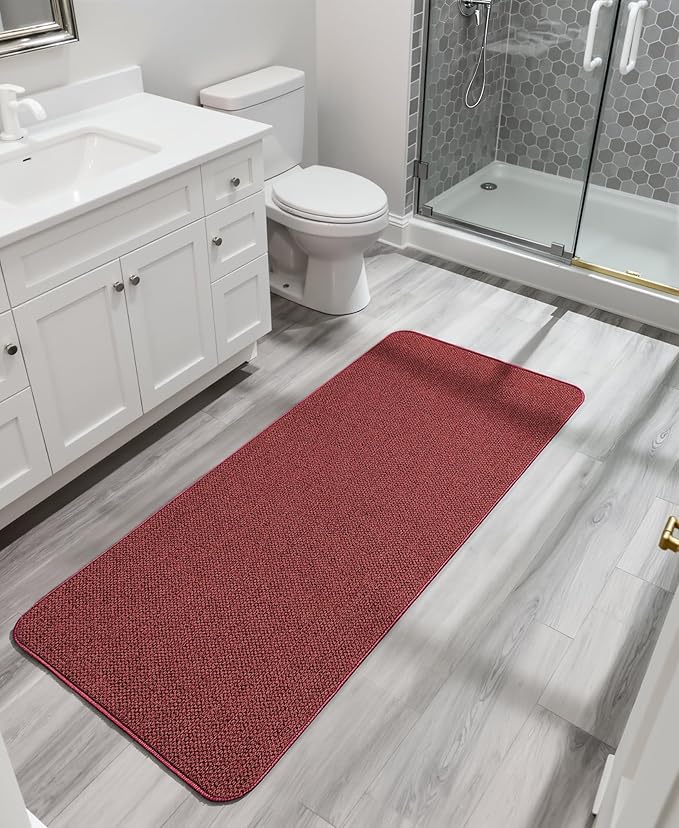 Christmas Bath Mat,Ultra Thin Bathroom Runner Rugs,Large Bath Mats for Bathroom,Quick Dry,Non-Slip,Machine Washable,Low Pile,Bath Rug,Shower Outside,Sink,Home Decor Accessories.Red,（21x47inch）