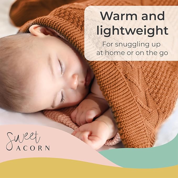 Knit Baby Blanket in Cable Pattern, Organic Cotton Blankets for Crib or Stroller, Receiving Blankets - Sunset Orange